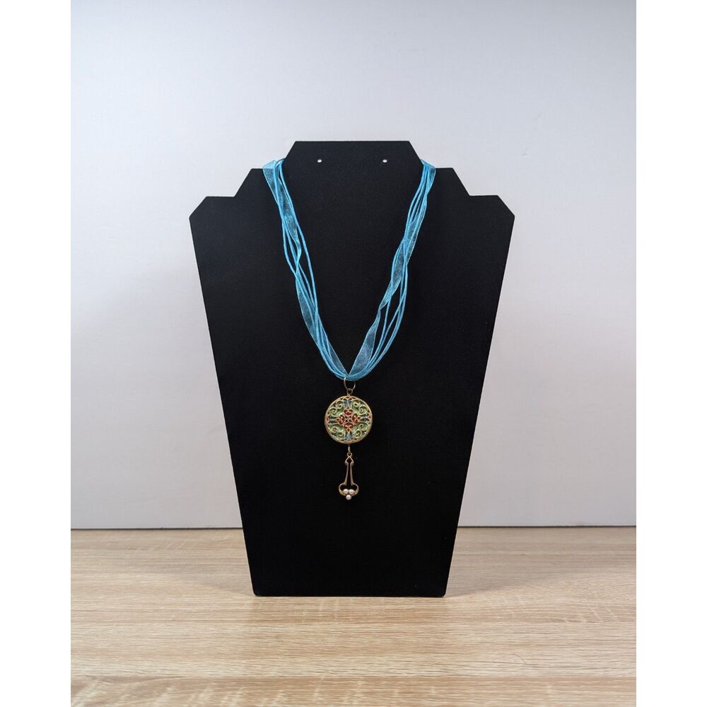 Vintage Style 19” Pendant Necklace – Blue Ribbon Cord
